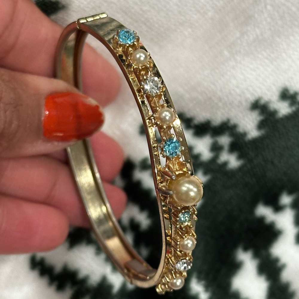 Unique Vintage Gold Bracelet with Pearls and Blue Accents